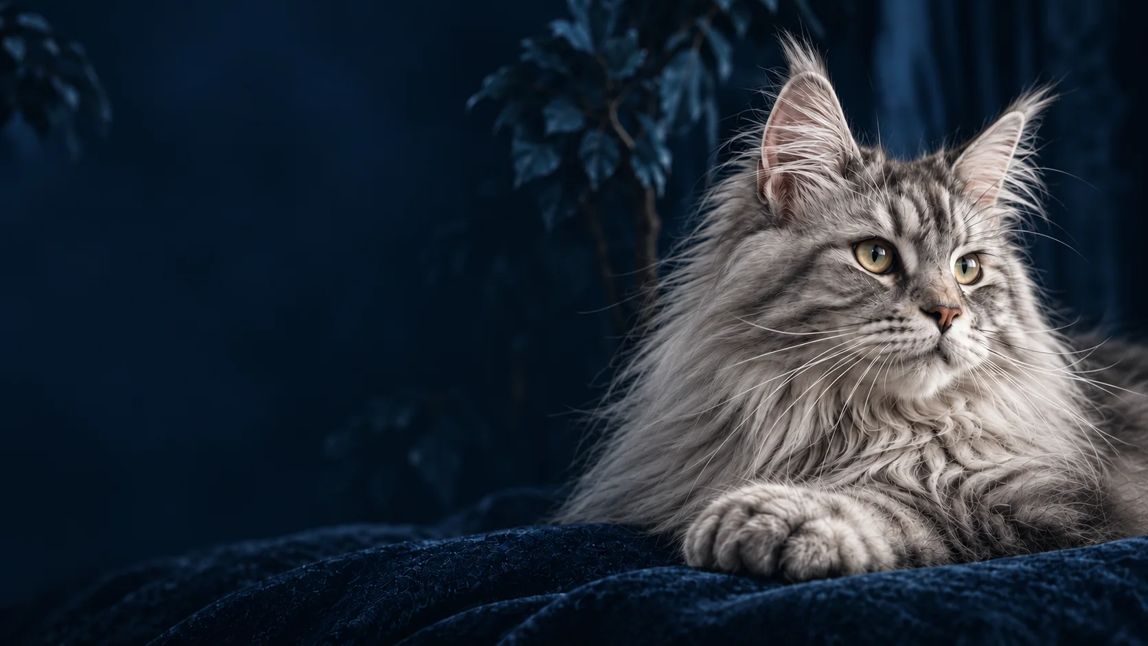 Silver Maine Coon resting in a navy interior